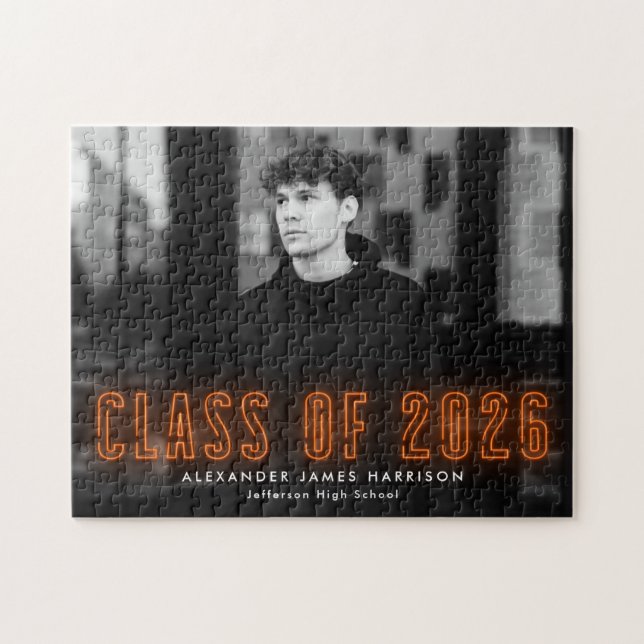 Moderne Orange Neon Class 2025 Abschluss Foto Puzzle (Horizontal)