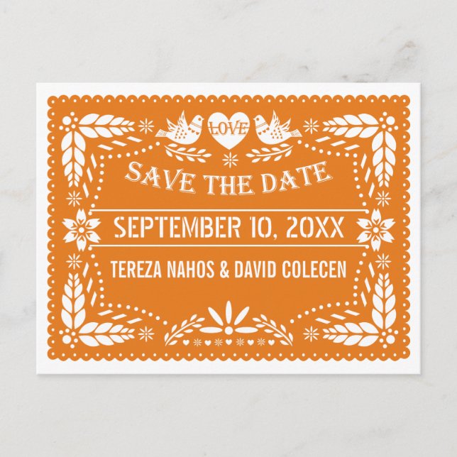 Moderne orange Papel Picado Hochzeit Retten Sie da Ankündigungspostkarte (Vorderseite)