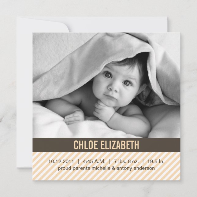 Moderne Orange Pinstripes Kindergeburtserklärung Ankündigung (Vorderseite)