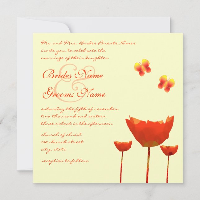 Moderne Orange Poppies Hochzeitseinladung Einladung (Vorderseite)