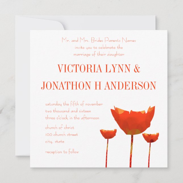 Moderne Orange Poppies Hochzeitseinladung Einladung (Vorderseite)