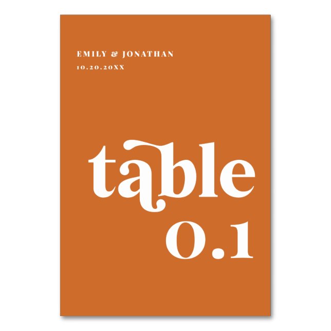 Moderne Orange Retro Boho Wedding Tischnummer (Vorderseite)