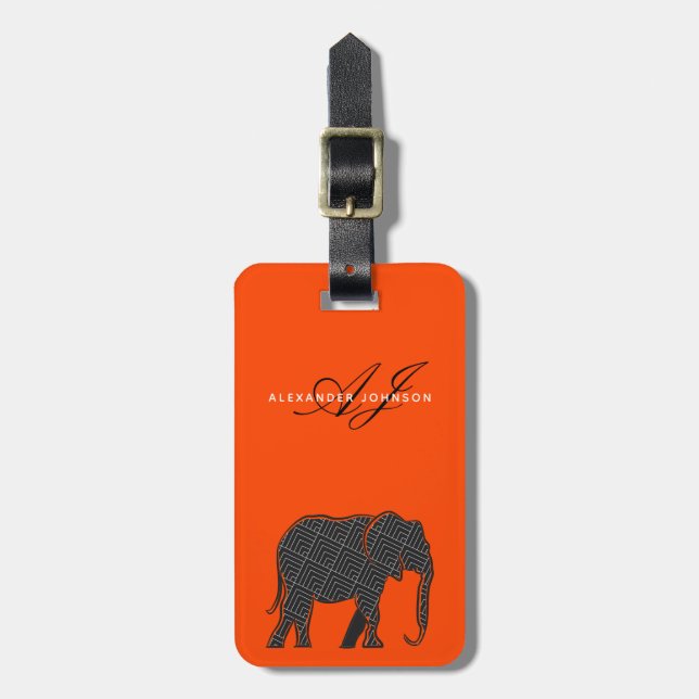 Moderne orange-schwarze Monogramm Gepäckanhänger (Vorderseite vertikal)