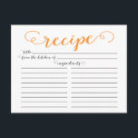 Moderne Orange Script Brautparty Rezeptkarten Postkarte<br><div class="desc">Zeitgenössische Brautparty Küche Rezept Karten mit einem stilvollen Mandarine orange Typografie Drehbuch Schriftart Set auf einem knackigen weißen Hintergrund. Die Vorderseite unserer Rezeptkarte bietet Platz für einen Rezeptitel, von der Küche der Zutaten Platz. Dreh unsere Rezeptkarte um die Anfahrtszeiten, die Vorbereitungszeit und die Gesamtzeit anzuzeigen. Besuchen Sie unseren Shop für...</div>