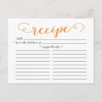 Moderne Orange Script Brautparty Rezeptkarten