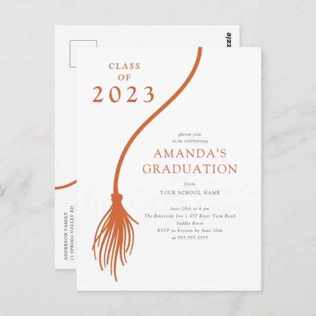 Moderne Orange Tassel Graduation Party Postcard Postkarte (Vorne/Hinten)