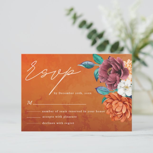 Moderne, orange Terrakotta-Hochzeit im Herbst RSVP Karte (Stehend Vorderseite)