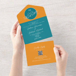 Moderne Orange und Aquamarine Hochzeit All In One Einladung