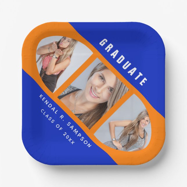 Moderne Orange- und Blue-Abschluss-Fotolage Pa Pappteller (Vorderseite)