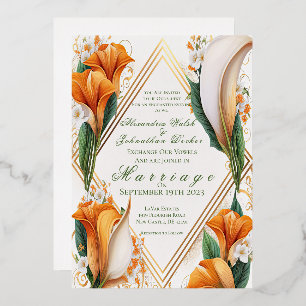 Moderne Orange und Ivory Calla Lilies Wedding Folieneinladung