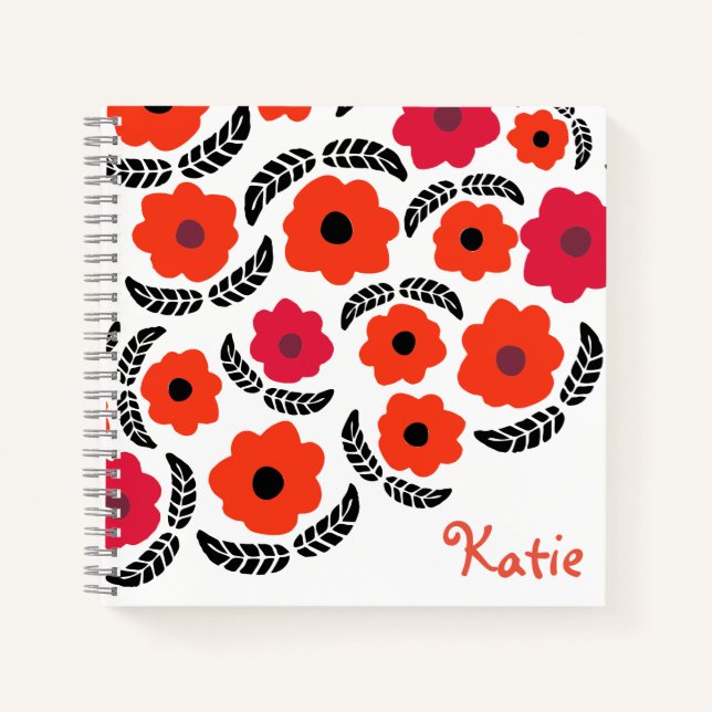 Moderne Orange und Rote Flora Personalisiert Notizbuch (Vorderseite)