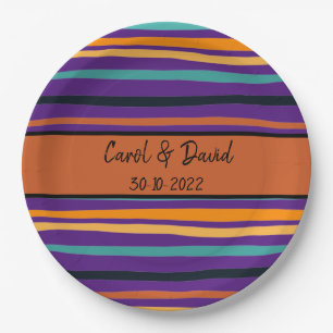 Moderne orange violette gestreifte Halloween-Hochz Pappteller
