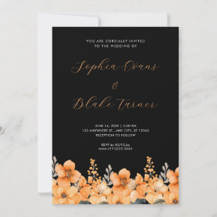 Moderne Orange Wildblumen Garden Black Wedding Einladung