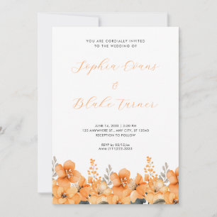 Moderne Orange Wildblumen Garden White Wedding Einladung