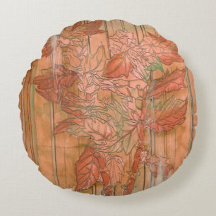Moderne orangefarbene Blütendrucke auf gestreiftem Rundes Kissen