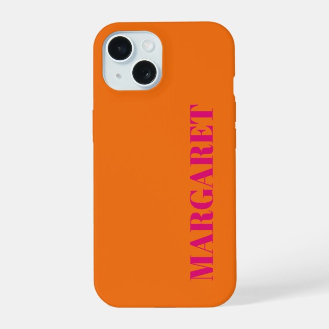 Moderne orangefarbene Fuchsia-Monogramm-Name-Handy iPhone 15 Hülle (Rückseite)