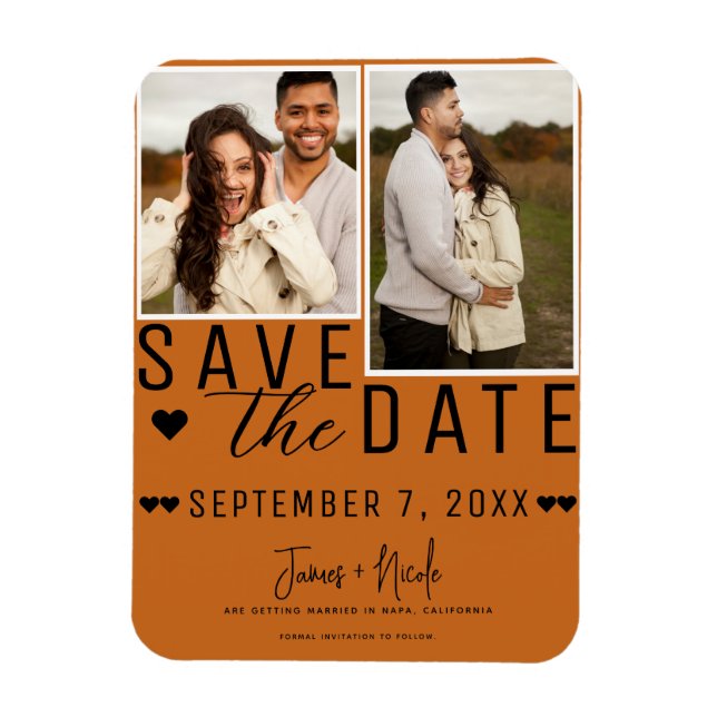 Moderne Orangenwürze Save the Date 2 Foto Hochzeit Magnet (Vertikal)