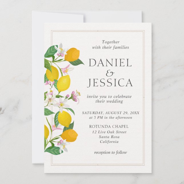 Moderne Orangenzitrusblüte Hochzeit in Aquarellen Einladung (Vorderseite)