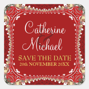 Moderne östliche rote Save-the-Date-Aufkleber Quadratischer Aufkleber