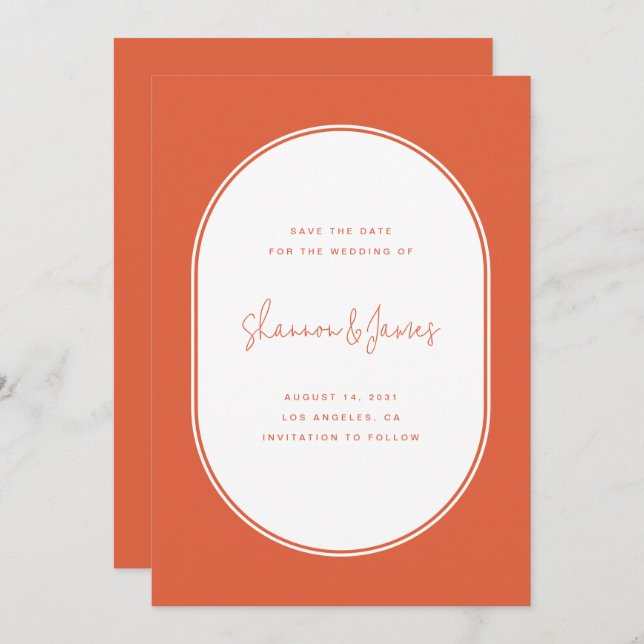 Moderne Oval Frame Foto Sunset Orange Wedding Save The Date (Vorne/Hinten)