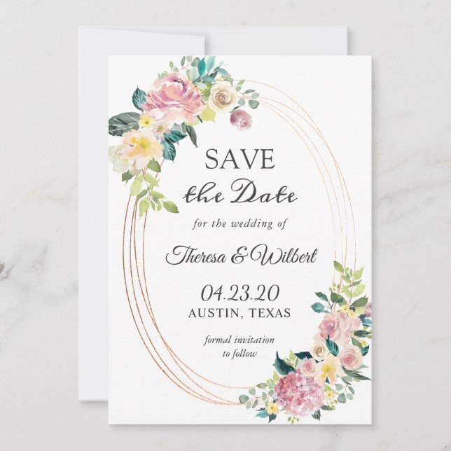 Moderne Oval Rahmen Pastell Floral Save the Date (Vorderseite)