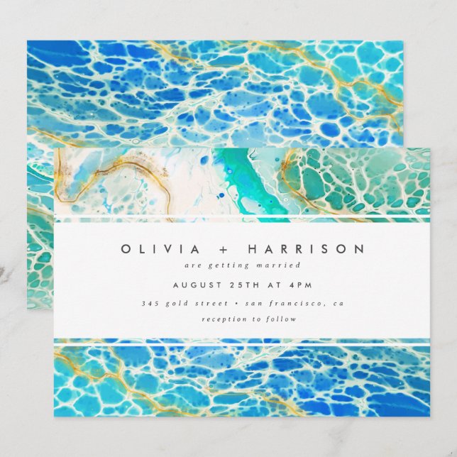 Moderne Ozeanwellen Türkisblaue Hochzeit Einladung (Vorne/Hinten)