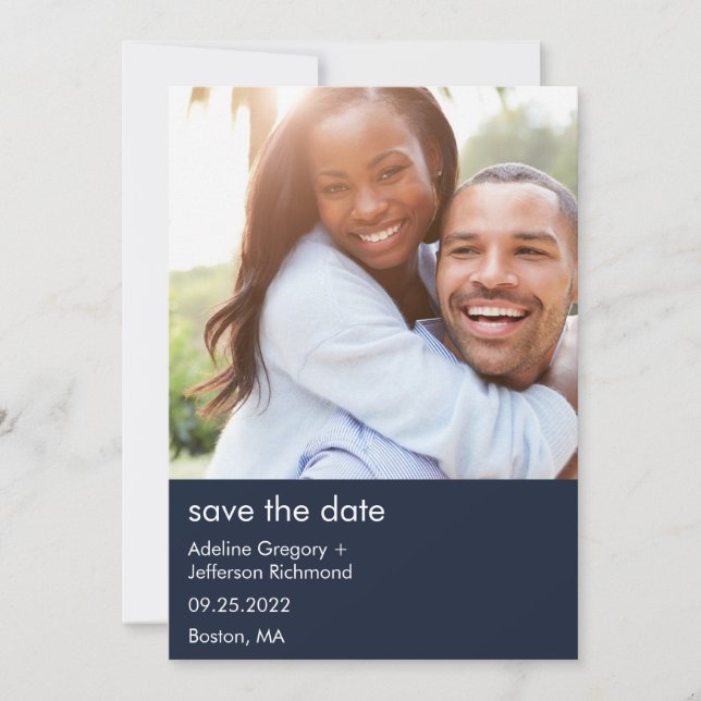 Moderne paare Foto Blue Wedding rettet das Datum Save The Date (Vorderseite)
