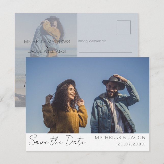 Moderne Paare - Foto Save the Date Hochzeit Ankündigungspostkarte (Vorne/Hinten)