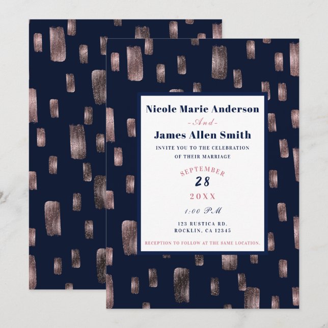 Moderne Paint Brush Rose Gold & Navy Blue Wedding Einladung (Vorne/Hinten)