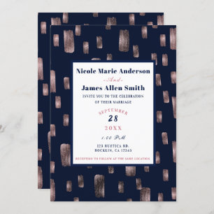 Moderne Paint Brush Rose Gold & Navy Blue Wedding Einladung
