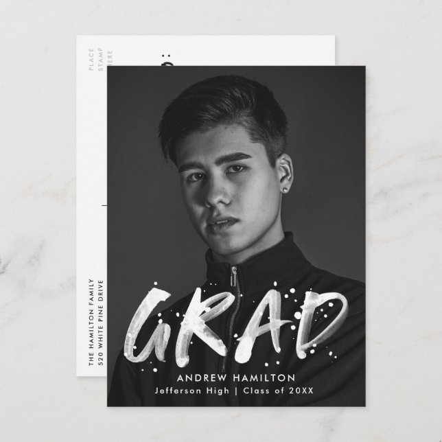 Moderne Paint Spritzer Foto Graduation Party Einladungspostkarte (Vorne/Hinten)