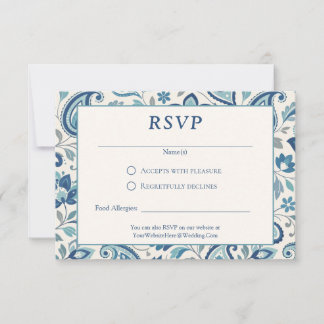 Moderne Paisley Blaue und Grüne Florale Hochzeit RSVP Karte