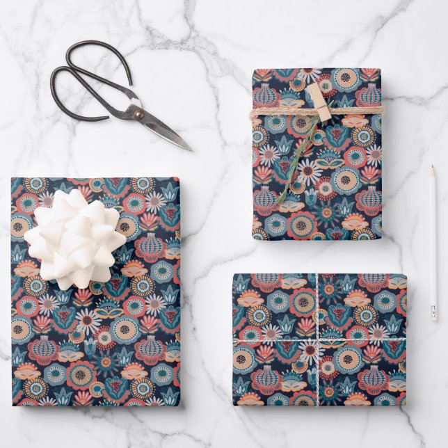 Moderne Paisley Blume Muster Wrapping Geschenkpapier Set (Vorderseite)