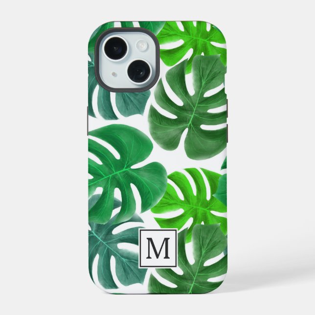 Moderne Palm Blätter Muster Monogram iPhone 15 Hülle (Rückseite)