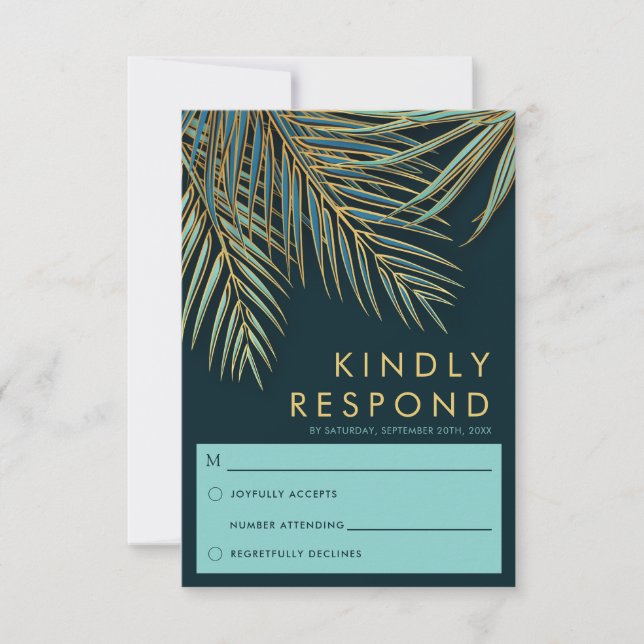 Moderne Palm Gold Aquamarin Tropical Beach Hochzei RSVP Karte (Vorderseite)
