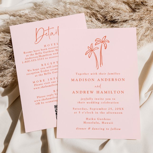 Moderne Palmen rosa QR-Code in einer Hochzeit Einladung (Von Creator hochgeladen)