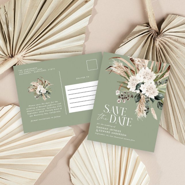 Moderne Pampas eucalyptus sage grün elegant Ankündigungspostkarte (Von Creator hochgeladen)