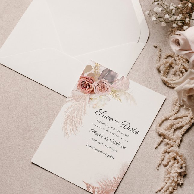 Moderne Pampas Grass Floral Script Save The Date (Von Creator hochgeladen)