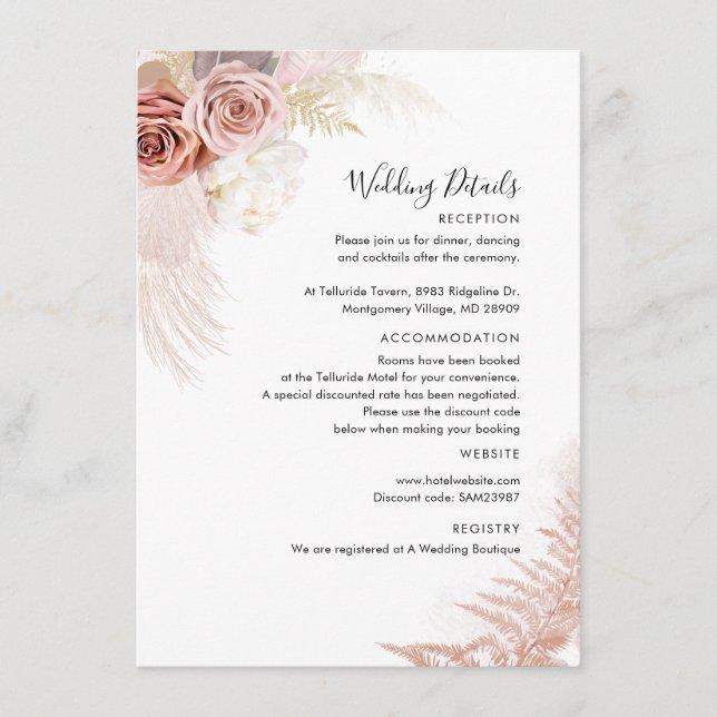 Moderne Pampas Grass Terracotta Hochzeit Begleitkarte (Vorderseite)