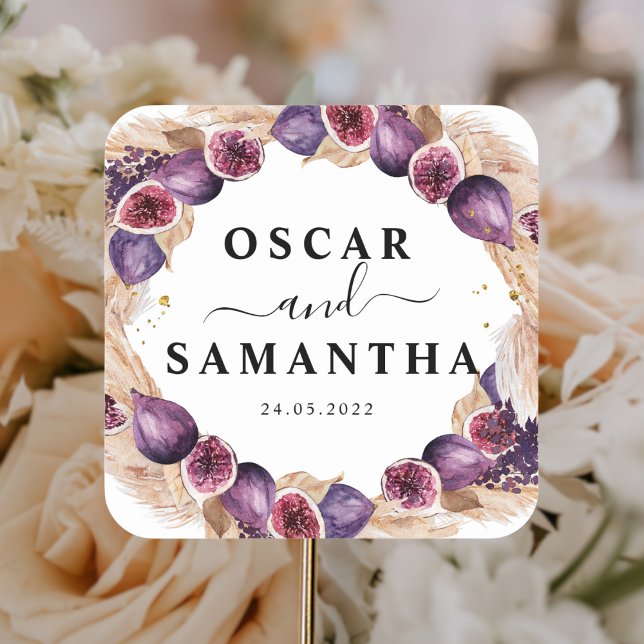 Moderne Pampas & Lila Figes Schönheitsrahmen Quadratischer Aufkleber (Von Creator hochgeladen)