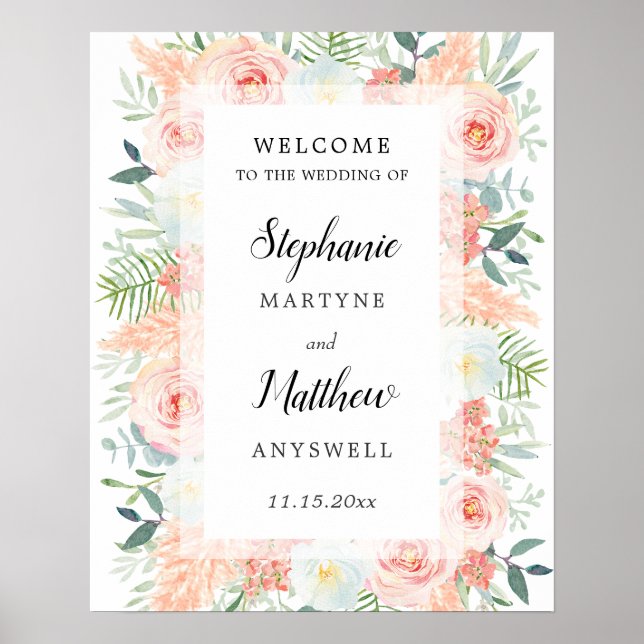 Moderne Pampas-Rose Hochzeit mit Blumenwasser Poster (Vorne)