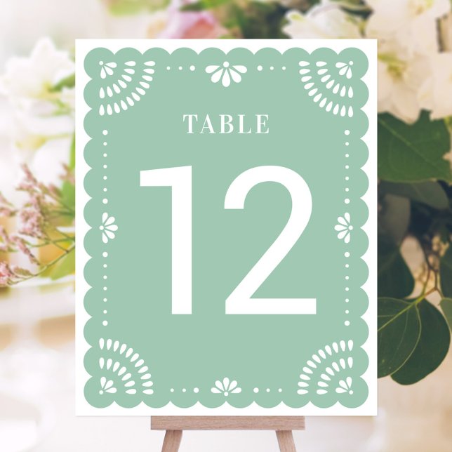 Moderne Papel Picado Wedding Tischnummer, Sage (Mexican Papel Picado Table Number)