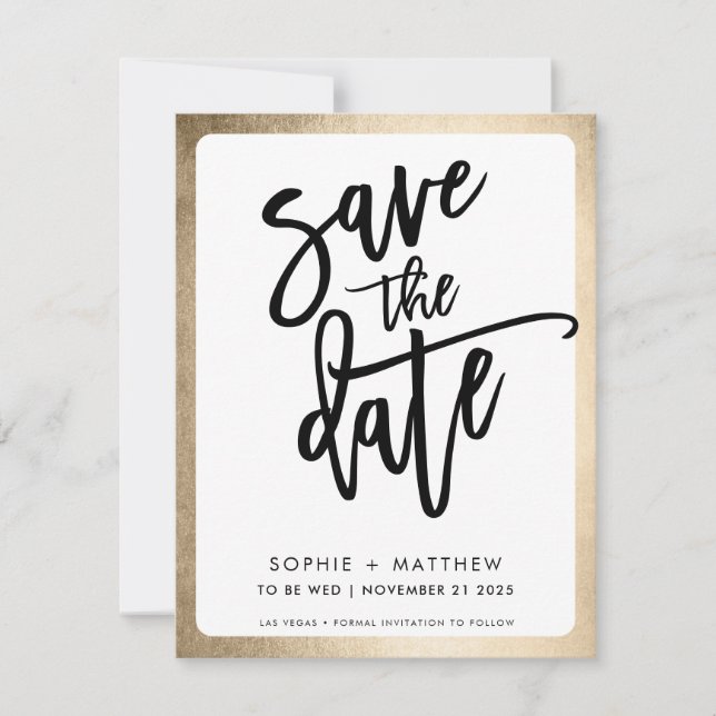 MODERNE Pärchen schreiben Imitate Goldgrenze Save The Date (Vorderseite)