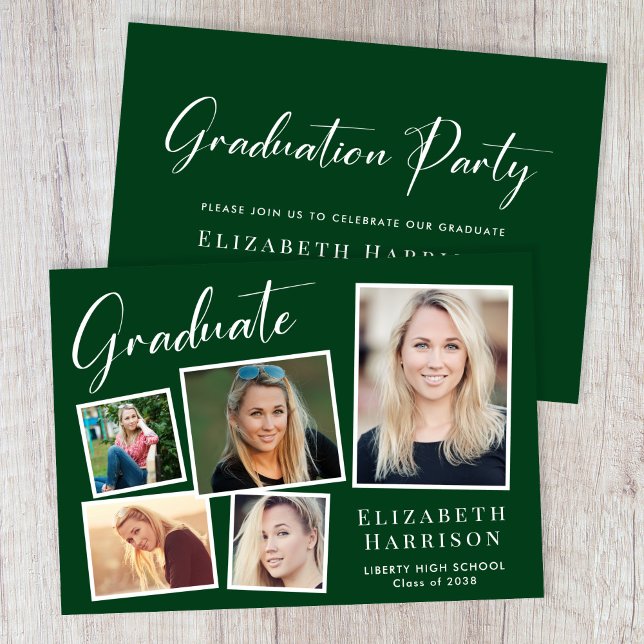 Moderne Partei für grüne Absolventen von Fotosamml Einladung (A modern photo collage graduation party invitation to celebrate the graduate's achievements)