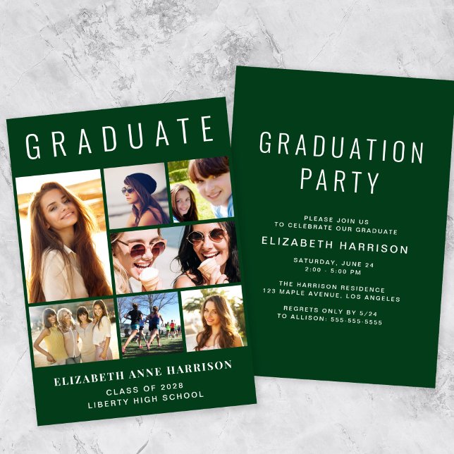 Moderne Partei für grüne Absolventen von Fotosamml Einladung (A modern photo collage graduation party invitation to celebrate the graduate's achievements)