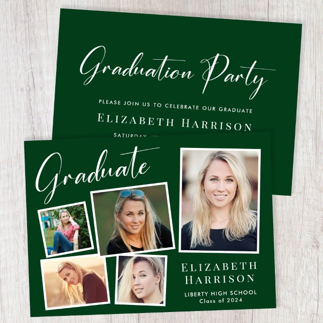 Moderne Partei für grüne Absolventen von Fotosamml Einladung (A modern photo collage graduation party invitation to celebrate the graduate's achievements)