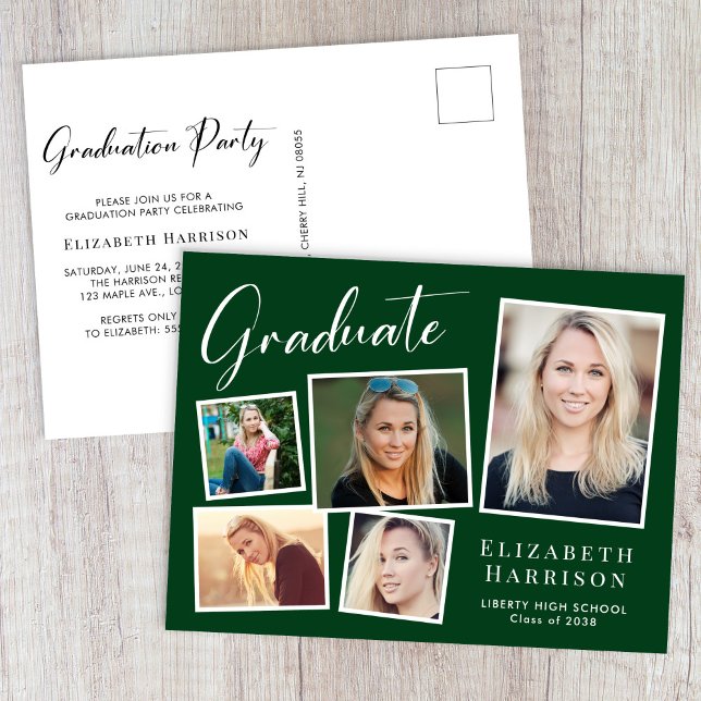 Moderne Partei für grüne Absolventen von Fotosamml Einladungspostkarte (Modern Photo Collage Green Graduation Party Invitation Postcard)