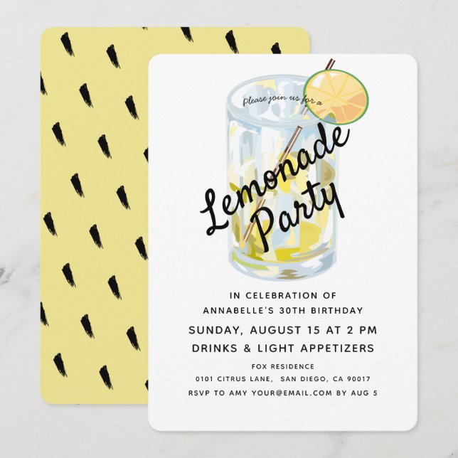 Moderne Party Einladung Weiß und Gelb Lemonade (Vorne/Hinten)