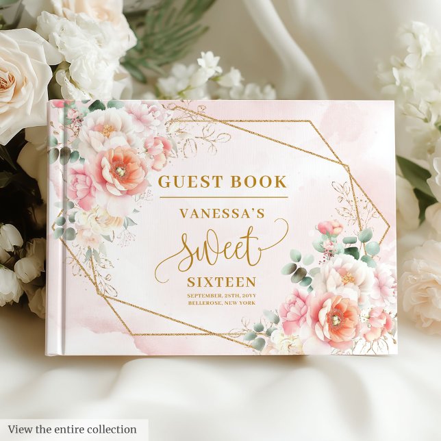 Moderne Pasta Rosa Sage Gold Floral 16 . Geburtsta Gästebuch (Modern Pastel Pink Sage Gold Floral Sweet Sixteen Guest Book)