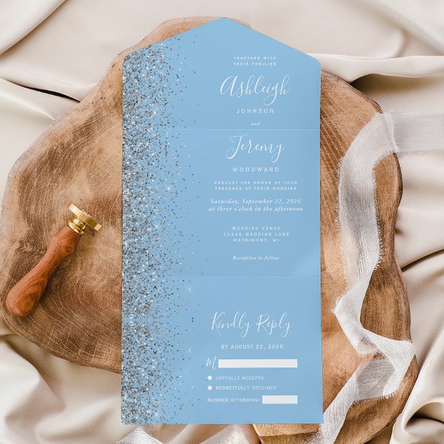 Moderne Pastel Baby Blue Silver Glitzer Wedding All In One Einladung (Von Creator hochgeladen)